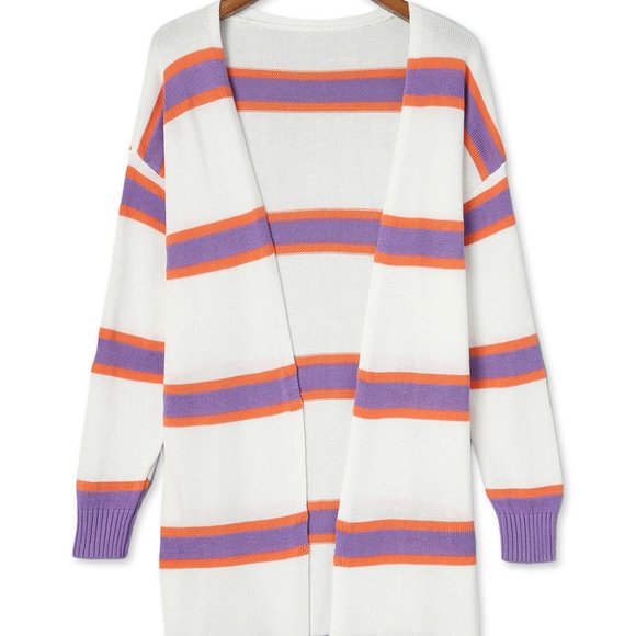 Ivory Lavender Striped Long Sleeve Ribbed Trim Button Cardigan Pastel Sweater - Picture 8 of 11